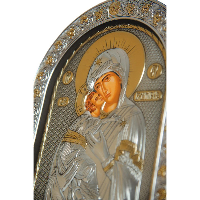 Володимирська 21х26 см Срібна Ікона Божої Матері під Склом, обгорнута темною шкірою (Греція)