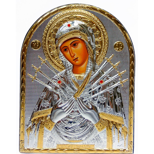 Ікона аркової форми в шкірі Семистрільна Божа Мати 10,5 x 8,5 см