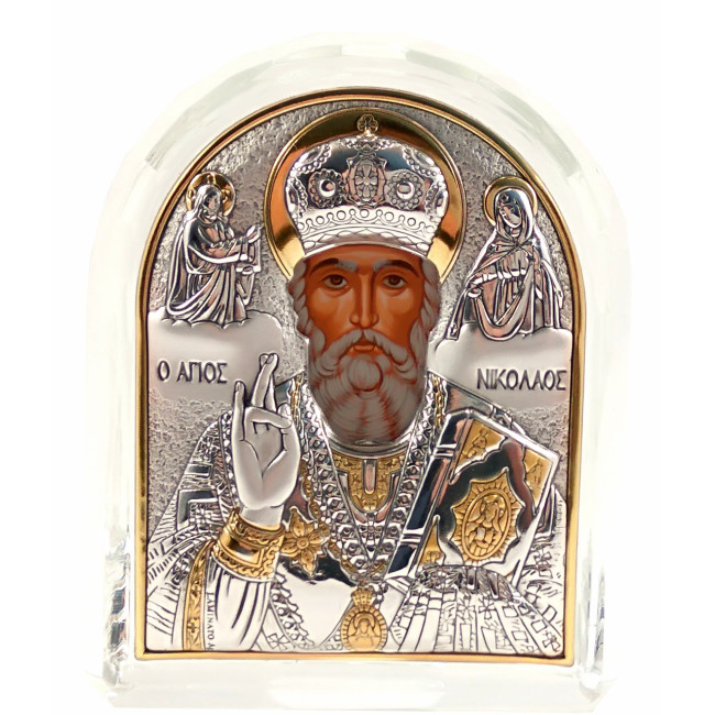 Ікона "Миколай Чудотворець" срібна в кришталі 68х84 мм