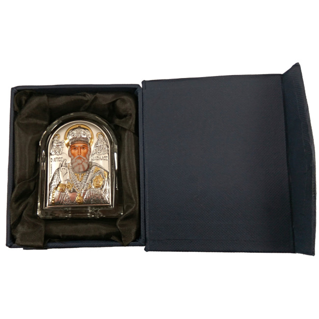 Ікона "Миколай Чудотворець" срібна в кришталі 68х84 мм