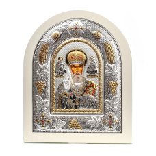 Святий Миколай Чудотворець 29x24 см у білому дереві. Грецька ікона у срібній рамці з павичами