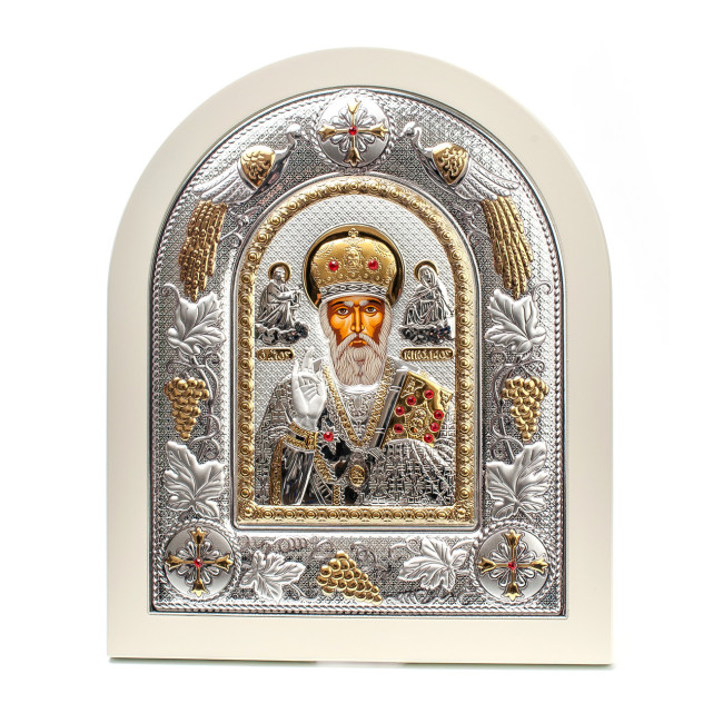Святий Миколай Чудотворець 29x24 см у білому дереві. Грецька ікона у срібній рамці з павичами