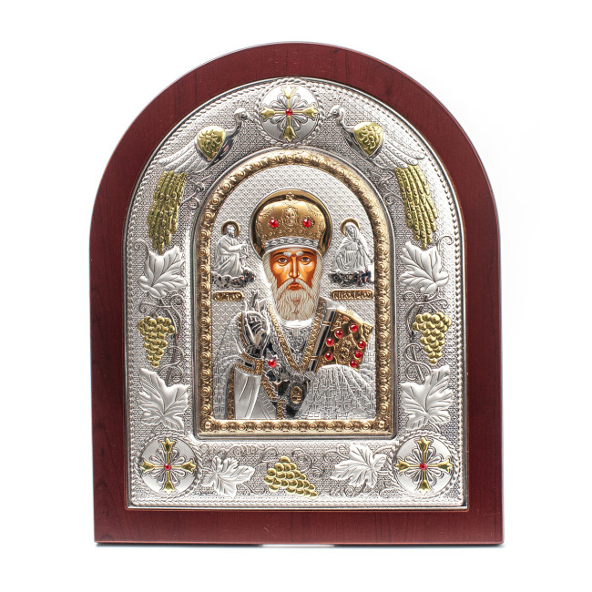 Святий Миколай Чудотворець 29х24 см, грецька ікона в срібній рамці з павичами