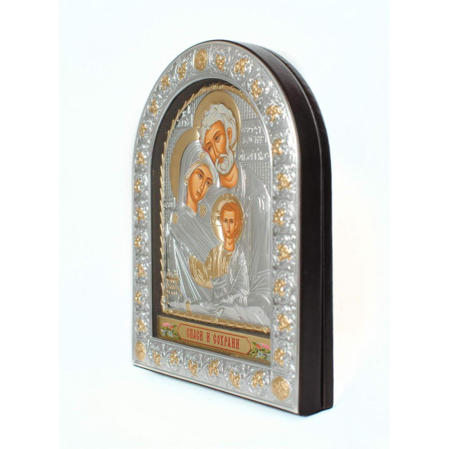 Свята Сім'я 12х15,5 см Срібна Ікона під Склом, обгорнута темною шкірою (Греція)