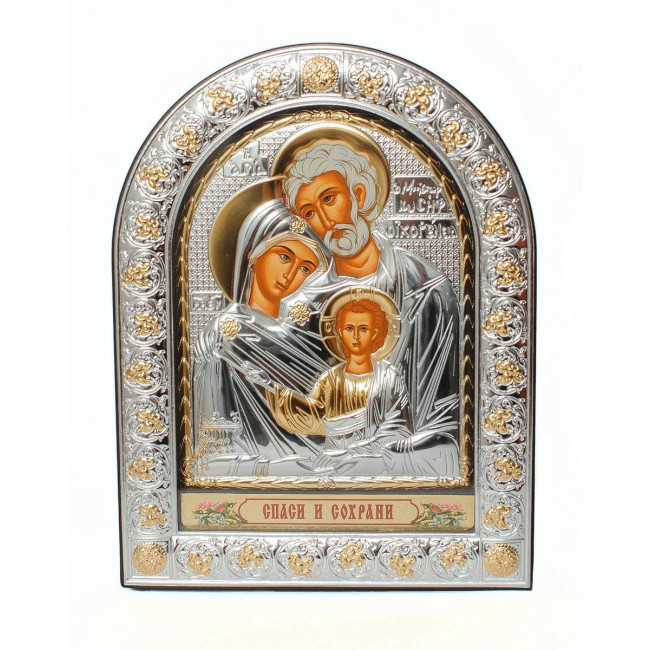 Свята Сім'я 12х15,5 см Срібна Ікона під Склом, обгорнута темною шкірою (Греція)