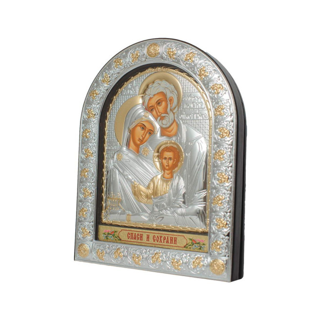 Свята Сім'я 12х15,5 см Срібна Ікона під Склом, обгорнута темною шкірою (Греція)