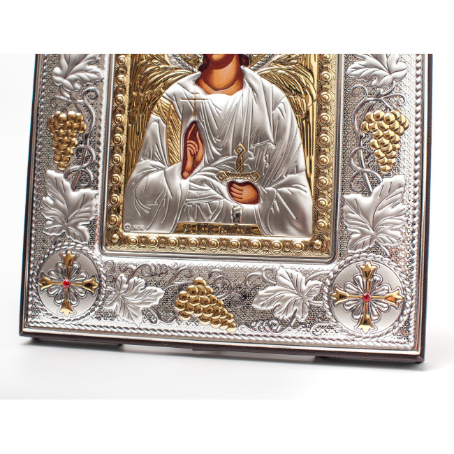Ангел Хранитель 20х25см Греческая серебряная икона в кожаной оправе