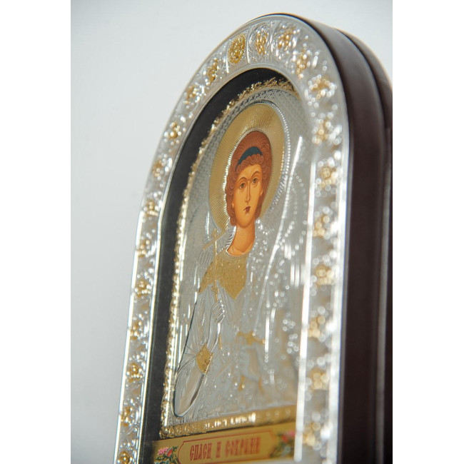 Ангел Хранитель 16,5х21,5 см Срібна Ікона під Склом, обгорнута темною шкірою (Греція)