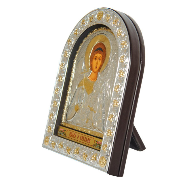 Ангел Хранитель 16,5х21,5 см Срібна Ікона під Склом, обгорнута темною шкірою (Греція)