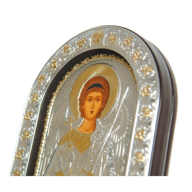 Ангел Хранитель 16,5х21,5 см Срібна Ікона під Склом, обгорнута темною шкірою (Греція)