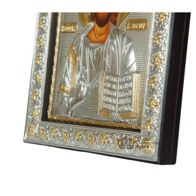 Спаситель Иисус 21х26см Серебряная Икона под Стеклом обтянута в темную кожу ( Греция )