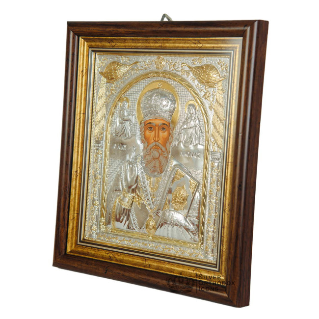 Святий Миколай Чудотворець 25,7х23,3 см - Срібна Ікона в кіоті під склом з Греції