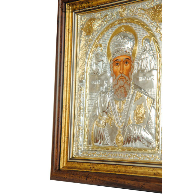 Святий Миколай Чудотворець 25,7х23,3 см - Срібна Ікона в кіоті під склом з Греції