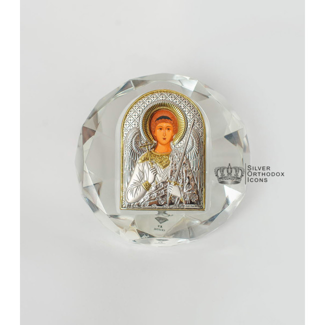 Серебряная икона Ангел Хранитель в хрустале в форме кристала 
