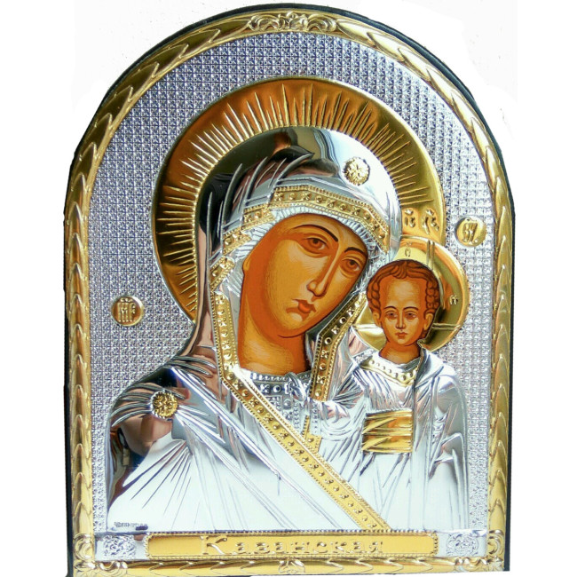 Казанська Божа Матір, срібний оклад у шкіряній оправі 16,5х21,5 см