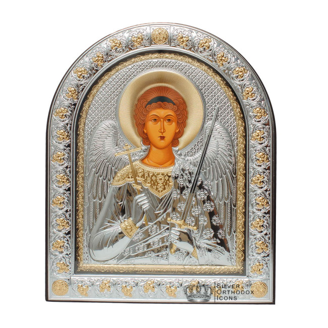 Ангел Хранитель 21х26 см Срібна Ікона під Склом, обгорнута темною шкірою (Греція)