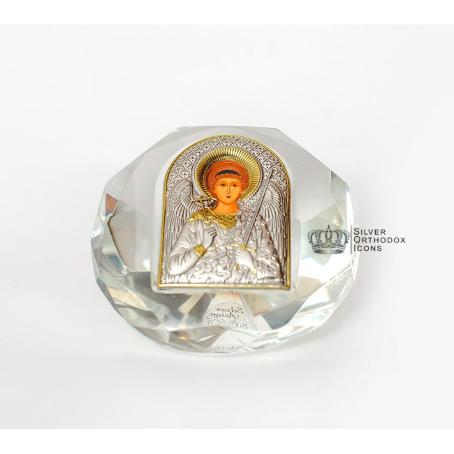 Серебряная икона "Ангел Хранитель" 8.1х8.1см в хрустальном стекле (Греция)