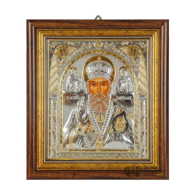 Миколай Чудотворець срібна ікона під склом 30,5х28,5 см