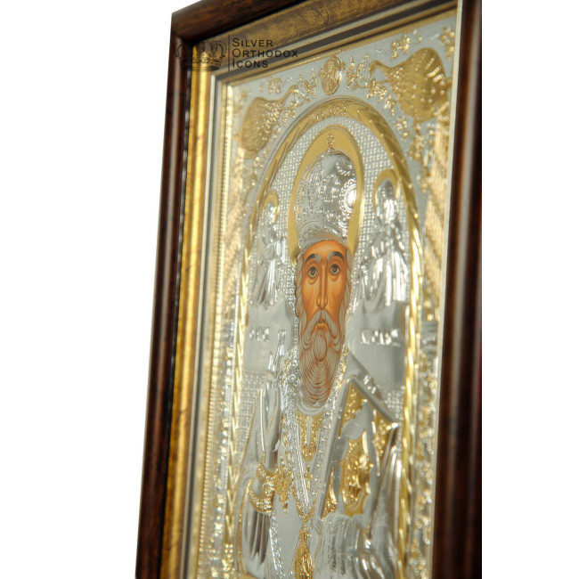 Миколай Чудотворець срібна ікона під склом 30,5х28,5 см
