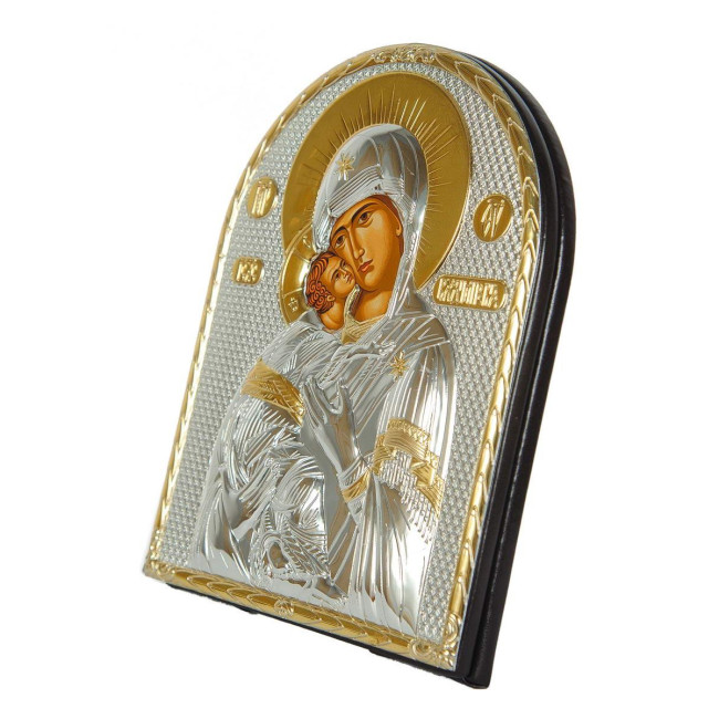 Володимирська Божа Матір 16,5x21,5см - Срібна Ікона у шкіряній оправі
