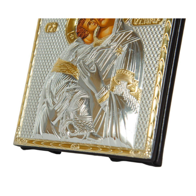 Володимирська Божа Матір 16,5x21,5см - Срібна Ікона у шкіряній оправі