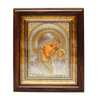 Икона серебренная Казанская Божия Матерь 22x19см с камнями Сваровски, прямоугольной формы под стеклом