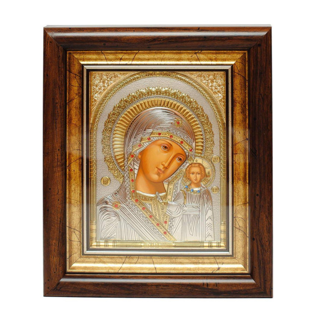 Ікона посріблена Казанська Божа Матір 22x19см з камінням Сваровськи, прямокутної форми під склом