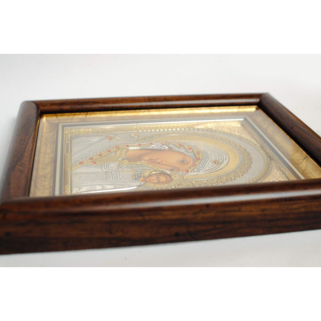 Ікона посріблена Казанська Божа Матір 22x19см з камінням Сваровськи, прямокутної форми під склом