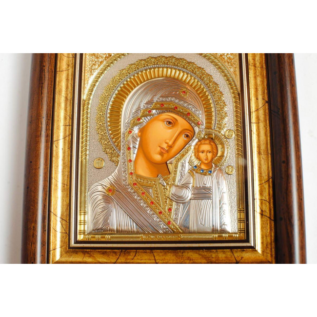 Ікона посріблена Казанська Божа Матір 22x19см з камінням Сваровськи, прямокутної форми під склом