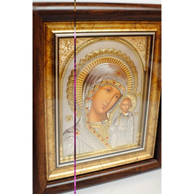 Ікона посріблена Казанська Божа Матір 22x19см з камінням Сваровськи, прямокутної форми під склом