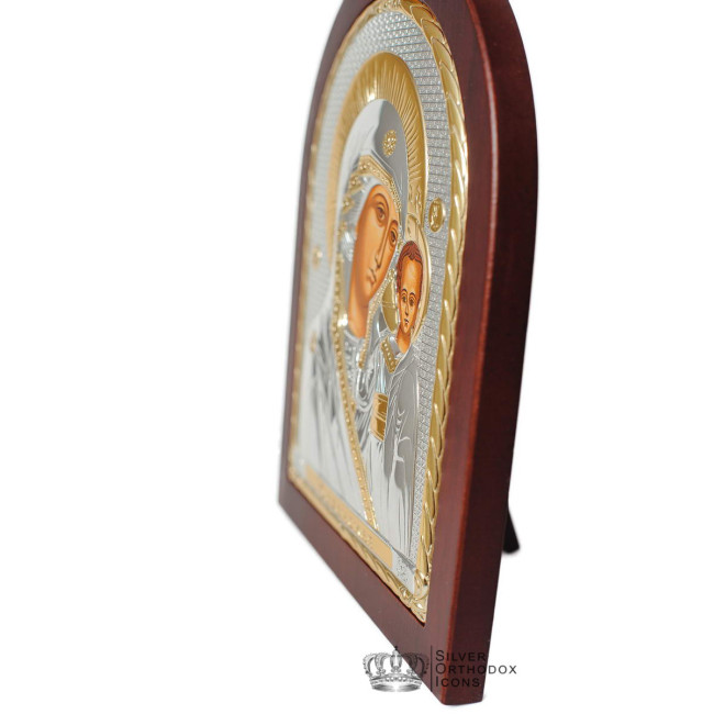 Срібна Ікона Казанської Божої Матері 20х25см арочної форми на дереві з рамкою EP5-004XAG/P
