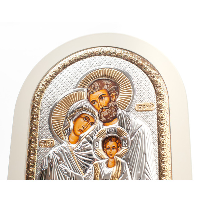 Святе Сімейство 15х21см на білому дереві, грецька срібна ікона