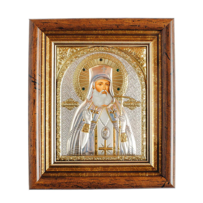 Срібна Ікона Луки Кримського 13х11 см у кіоті під склом, прикрашена камінням