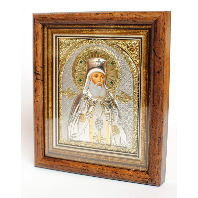 Срібна Ікона Луки Кримського 13х11 см у кіоті під склом, прикрашена камінням
