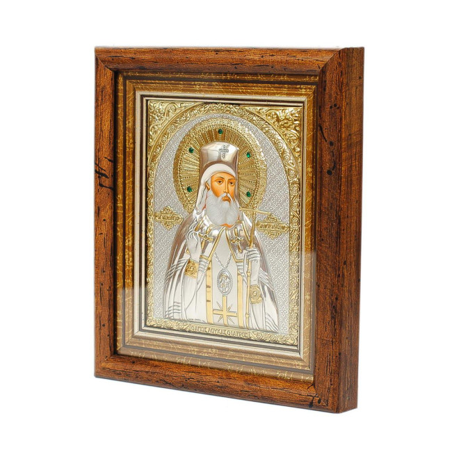 Срібна Ікона Луки Кримського 13х11 см у кіоті під склом, прикрашена камінням