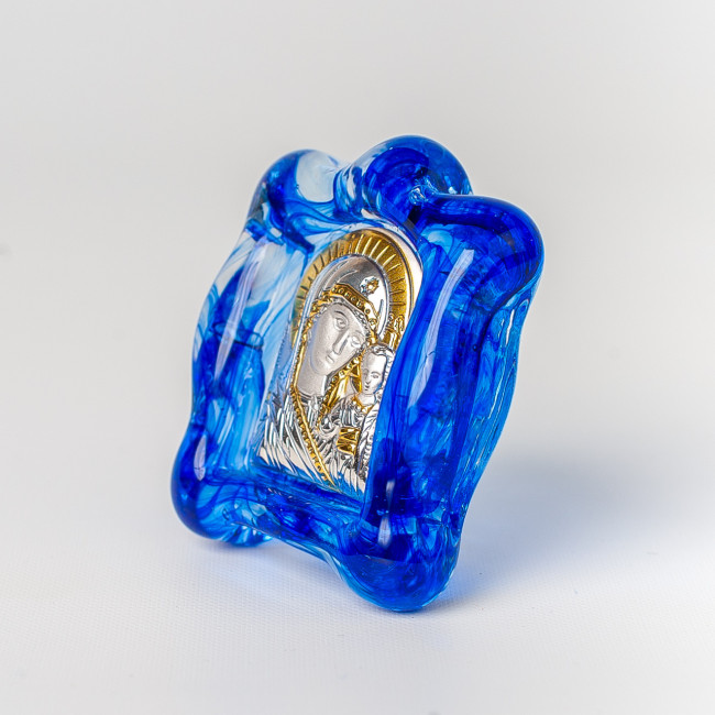 Казанська Богородиця. Ікона в блакитному склі Мурано 4,5х5 см срібний оклад