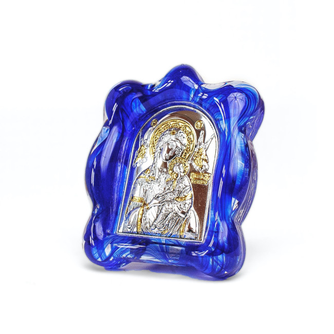 Страсна Богородиця ( Неустанної Помочі) в муранському склі синього кольору 7х9см