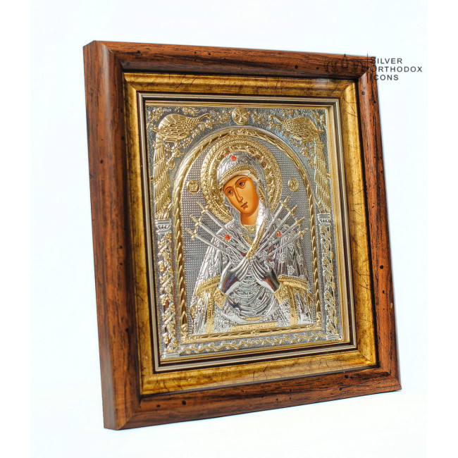 Ікона срібна Божої Матері Семистрільна 28,5х30,5 см прямокутної форми під склом