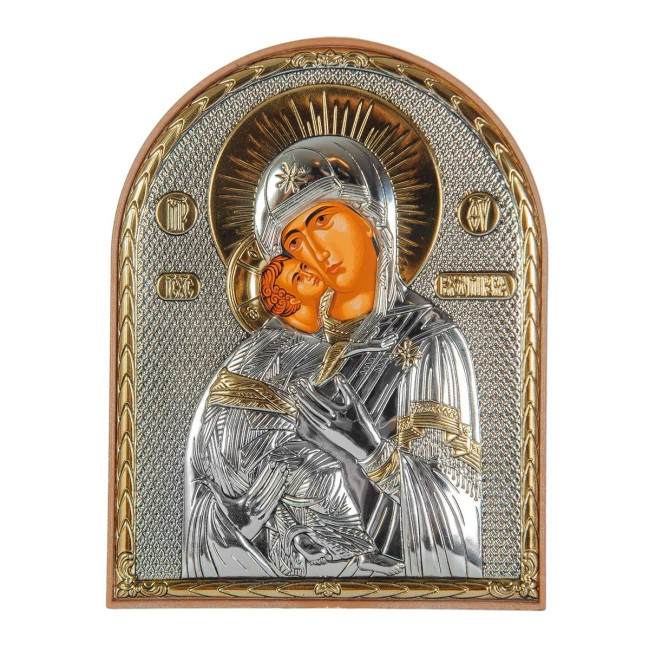 Икона серебряная Владимирская Божья Матерь 7,5х5,8см на пластиковой основе, Греция 