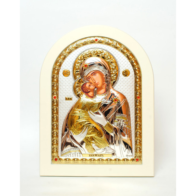 Володимирська Божа Матір, срібна ікона на білому дереві 20х25 см