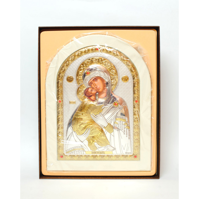 Володимирська Божа Матір, срібна ікона на білому дереві 20х25 см