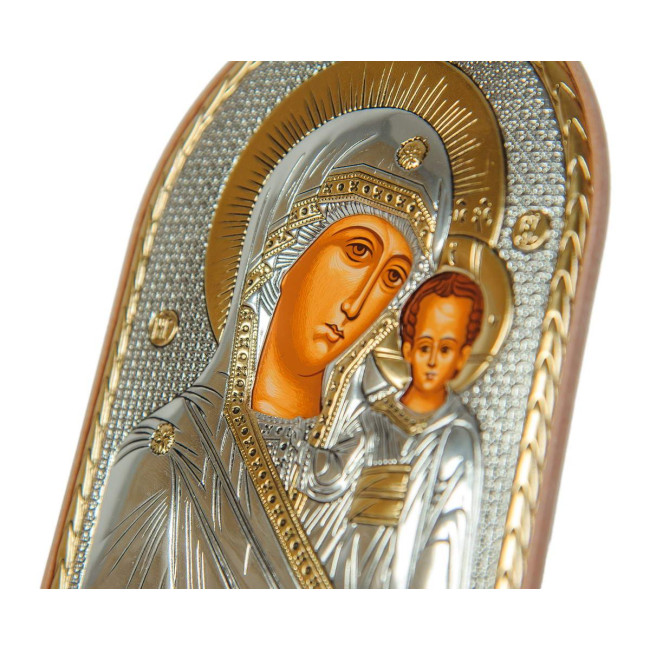 Икона серебряная Казанская Божья Матерь 7,5х5,8 см на пластиковой основе, Греция 