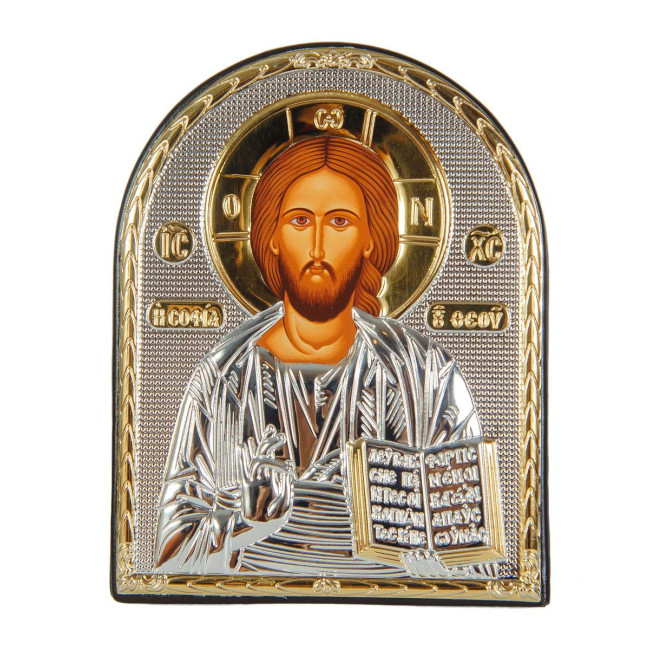 Икона "Спаситель" серебряный оклад в кожаной оправе 15,5х12см