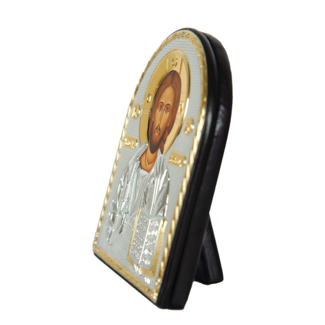 Икона "Спаситель" серебряный оклад в кожаной оправе 15,5х12см