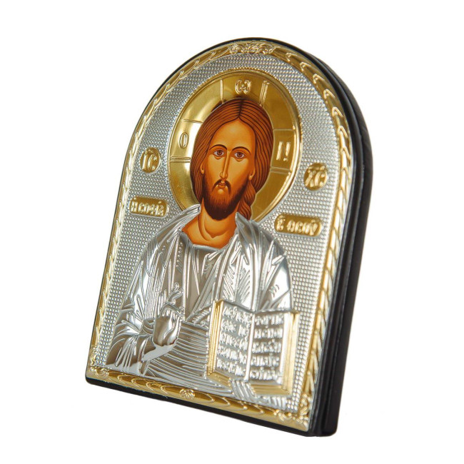 Икона "Спаситель" серебряный оклад в кожаной оправе 15,5х12см