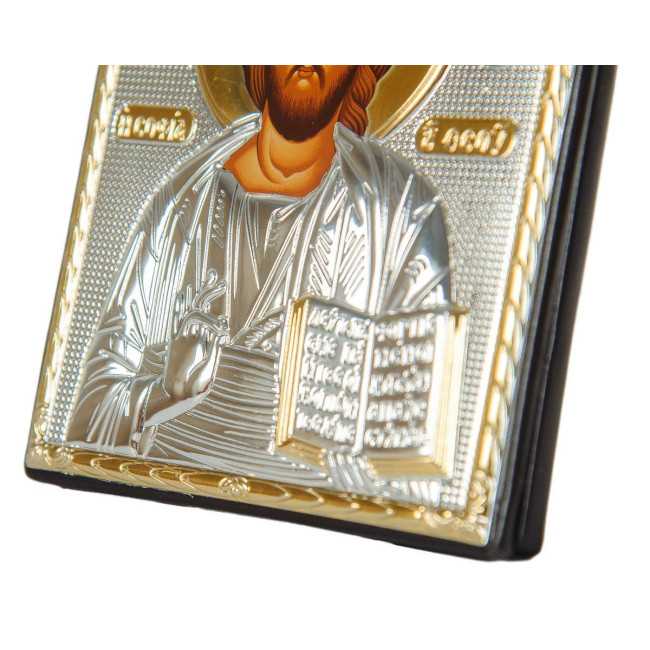 Икона "Спаситель" серебряный оклад в кожаной оправе 15,5х12см