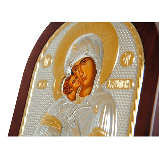 Срібна Ікона Вишгородської (Володимирської) Божої Матері 20х25см арочної форми на дереві з рамкою EP5-007XAG/P