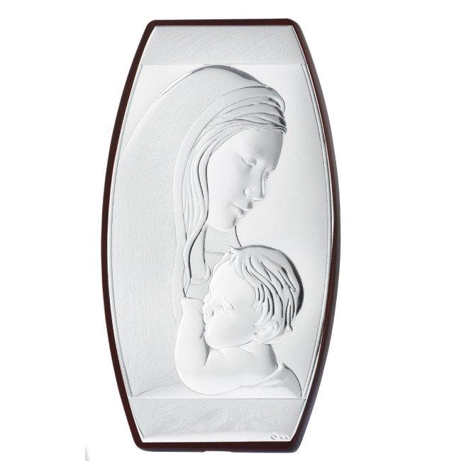 Срібна Ікона "Марія з Ісусом" овальної форми на древяній основі 11х8см