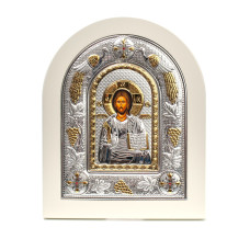 Спаситель Ісус 18x22см Грецька срібна ікона у білому дереві