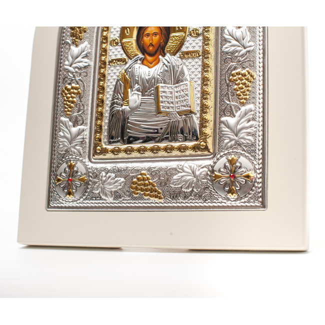 Спаситель Ісус 18x22см Грецька срібна ікона у білому дереві